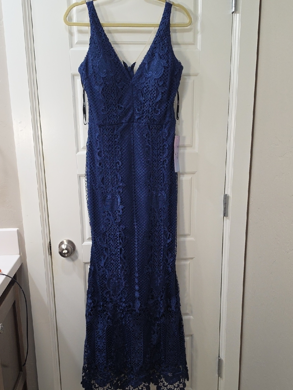 Soieblu Deep Blue Lace V-Neck Full Length Gown - Medium